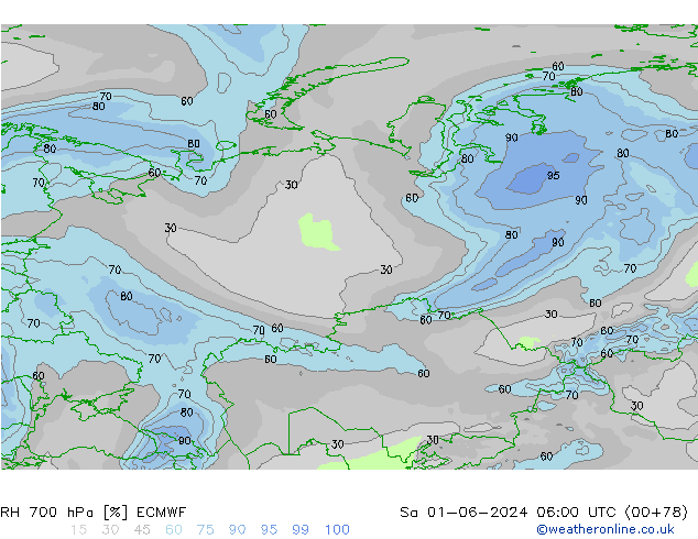 RH 700 hPa ECMWF Sa 01.06.2024 06 UTC