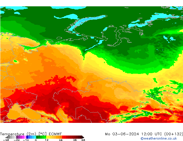 Temperatura (2m) ECMWF Seg 03.06.2024 12 UTC