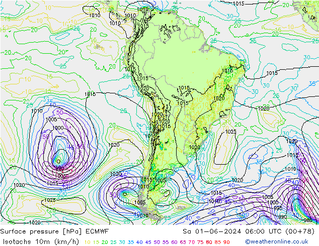 Isotachs (kph) ECMWF sam 01.06.2024 06 UTC