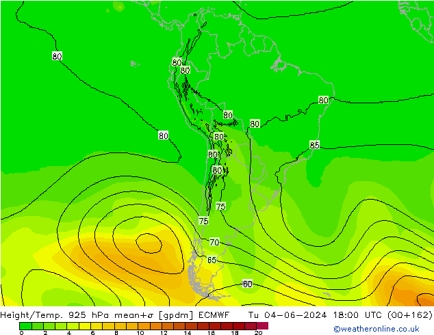 Height/Temp. 925 hPa ECMWF Tu 04.06.2024 18 UTC