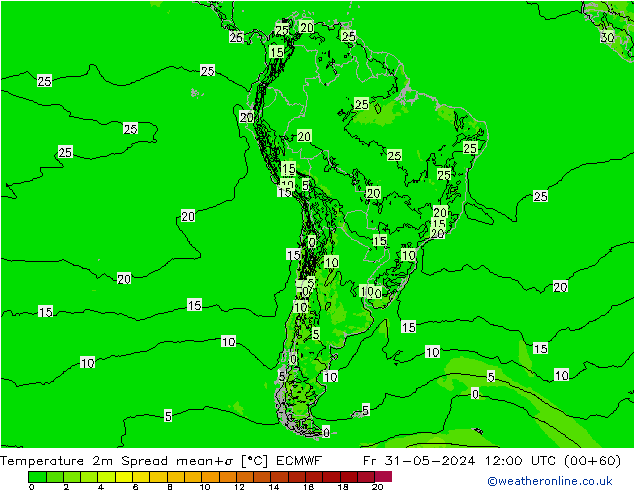 Temperatuurkaart Spread ECMWF vr 31.05.2024 12 UTC