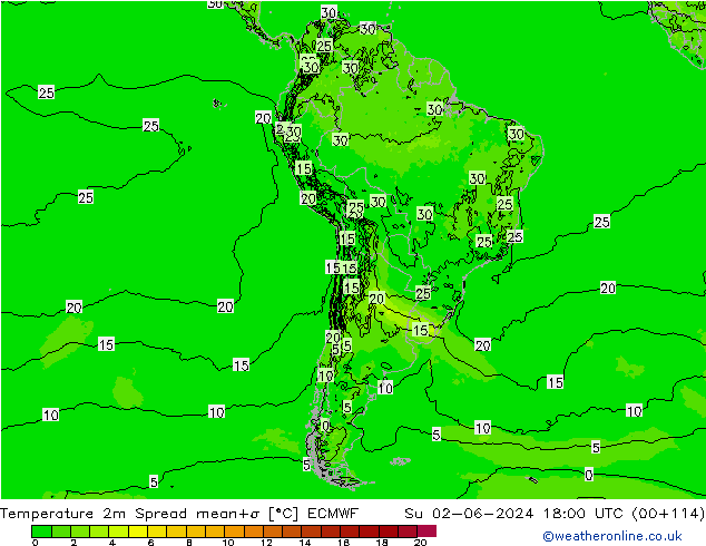 Temperature 2m Spread ECMWF Su 02.06.2024 18 UTC