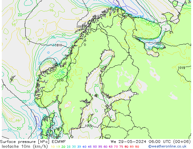 Isotachen (km/h) ECMWF wo 29.05.2024 06 UTC