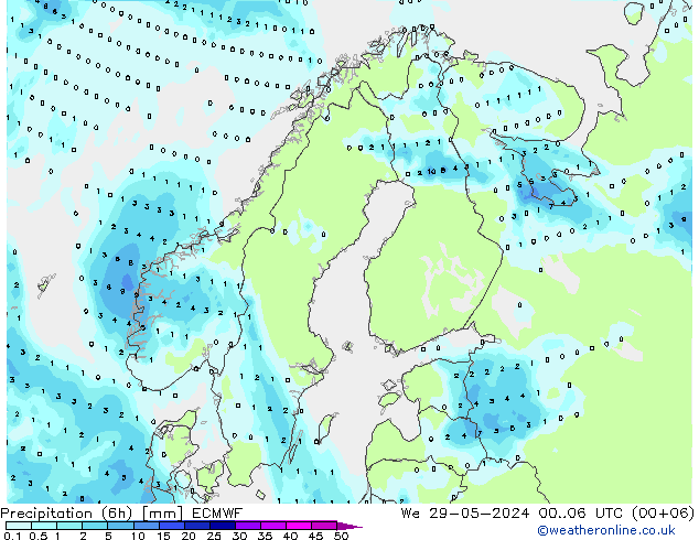 Totale neerslag (6h) ECMWF wo 29.05.2024 06 UTC