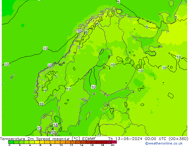 Temperatura 2m Spread ECMWF jue 13.06.2024 00 UTC