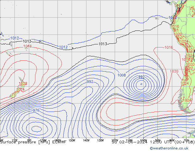 Presión superficial ECMWF dom 02.06.2024 12 UTC