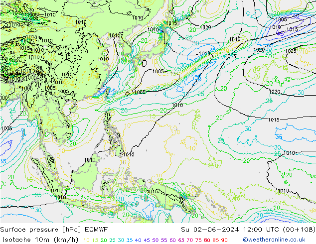 Isotachs (kph) ECMWF dim 02.06.2024 12 UTC