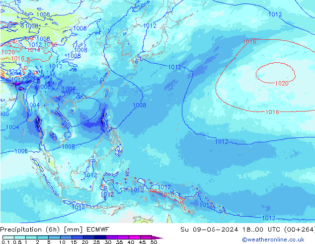 Totale neerslag (6h) ECMWF zo 09.06.2024 00 UTC