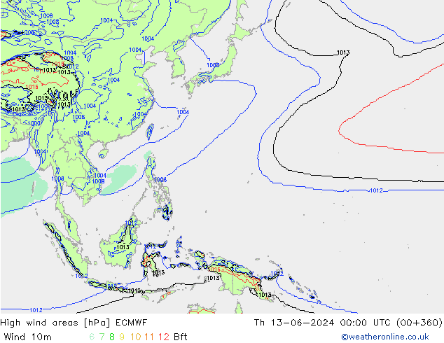 High wind areas ECMWF чт 13.06.2024 00 UTC