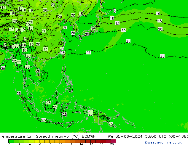 Temperatura 2m Spread ECMWF mer 05.06.2024 00 UTC