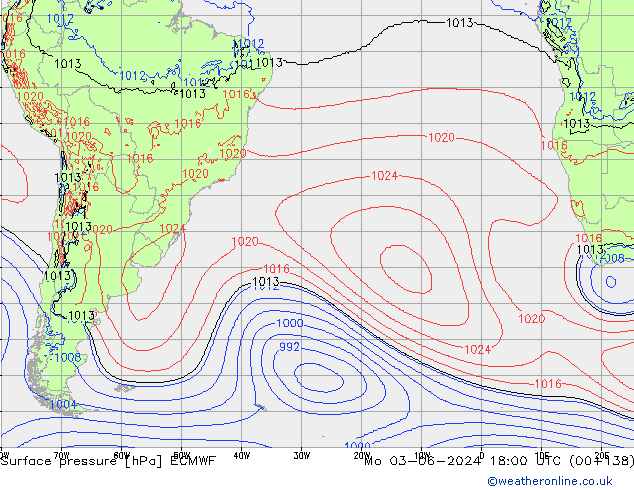 pressão do solo ECMWF Seg 03.06.2024 18 UTC