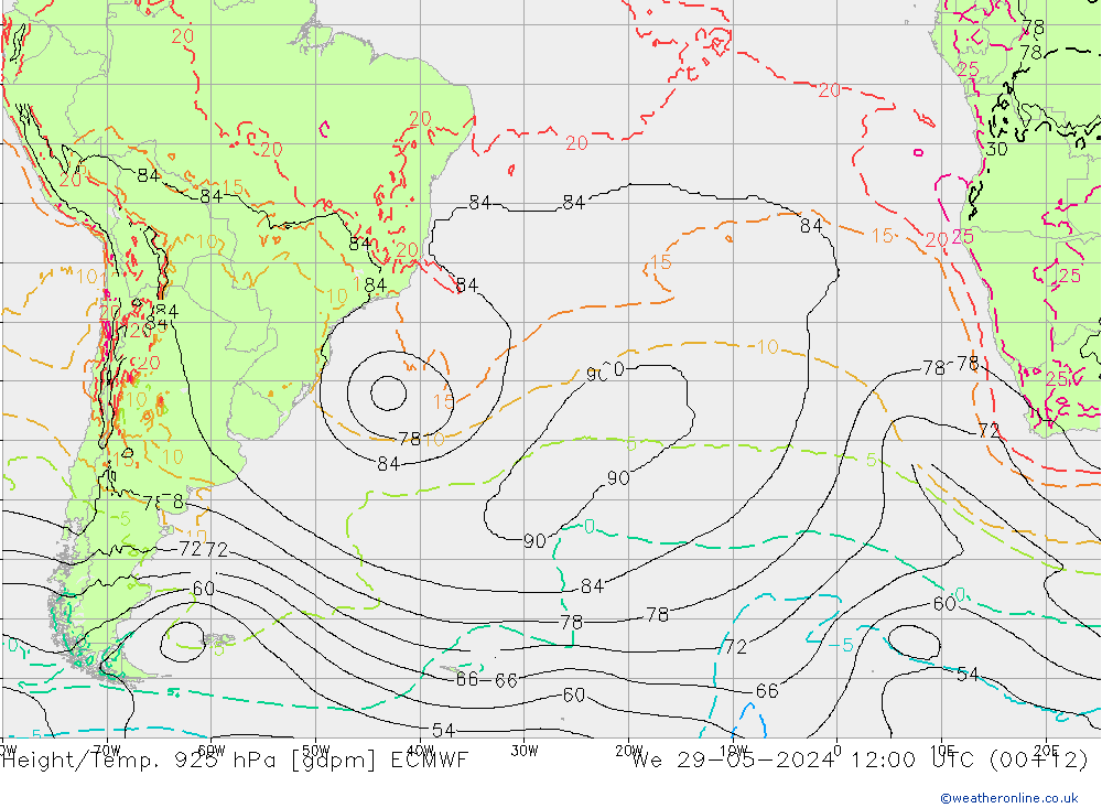 Geop./Temp. 925 hPa ECMWF mié 29.05.2024 12 UTC