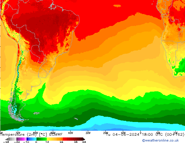 Temperature (2m) ECMWF Tu 04.06.2024 18 UTC