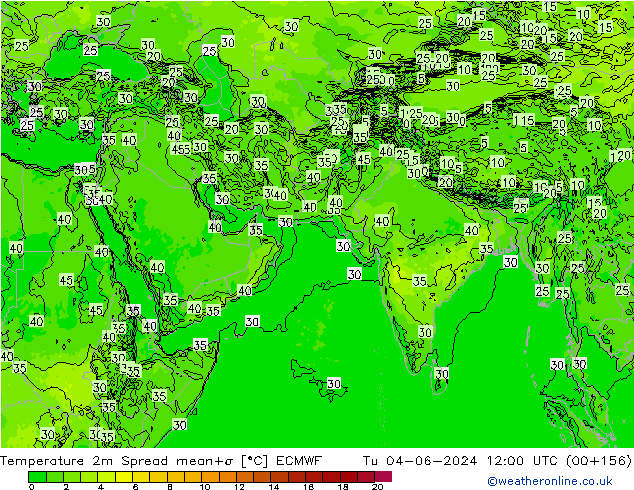 température 2m Spread ECMWF mar 04.06.2024 12 UTC