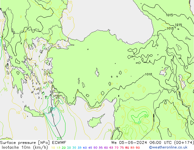 Isotachs (kph) ECMWF mer 05.06.2024 06 UTC