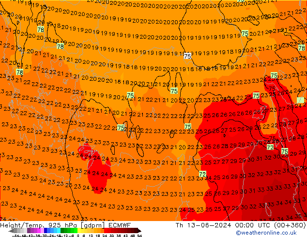 Yükseklik/Sıc. 925 hPa ECMWF Per 13.06.2024 00 UTC