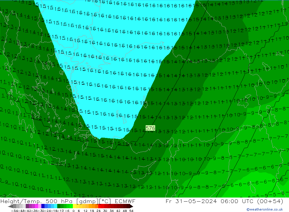 Hoogte/Temp. 500 hPa ECMWF vr 31.05.2024 06 UTC