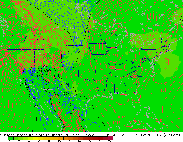 Pressione al suolo Spread ECMWF gio 30.05.2024 12 UTC