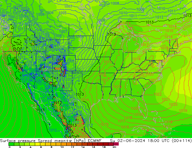 Luchtdruk op zeeniveau Spread ECMWF zo 02.06.2024 18 UTC