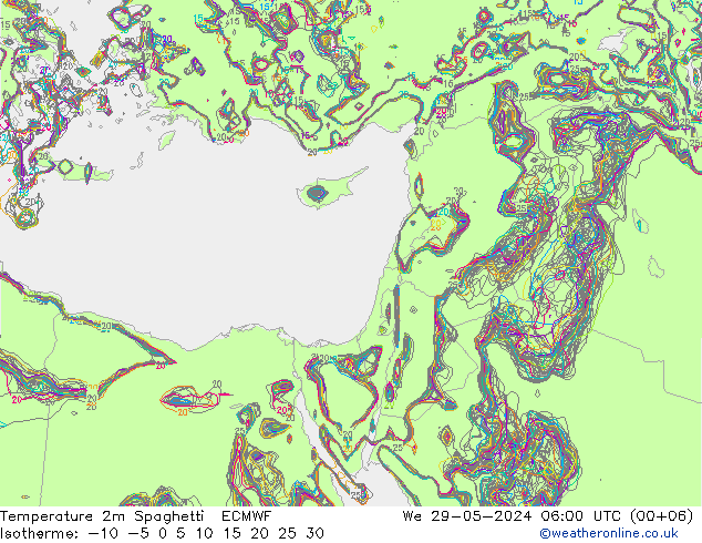 Temperatura 2m Spaghetti ECMWF mer 29.05.2024 06 UTC