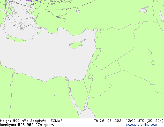 Height 500 hPa Spaghetti ECMWF Čt 06.06.2024 12 UTC