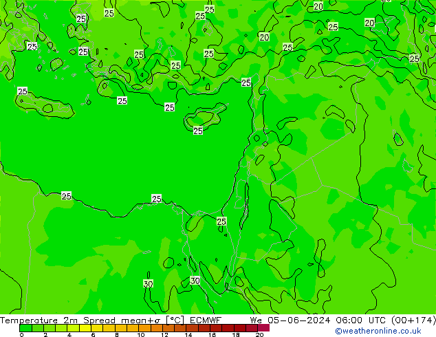 Temperatura 2m Spread ECMWF mié 05.06.2024 06 UTC