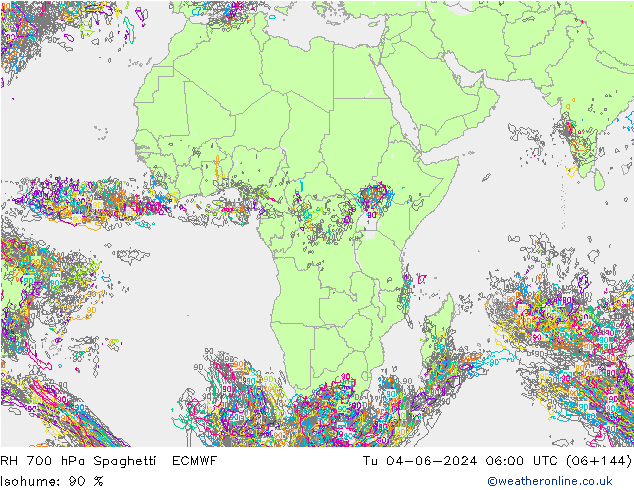 RH 700 hPa Spaghetti ECMWF  04.06.2024 06 UTC