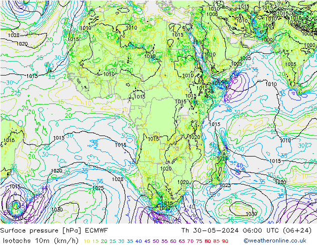 Isotachs (kph) ECMWF Th 30.05.2024 06 UTC