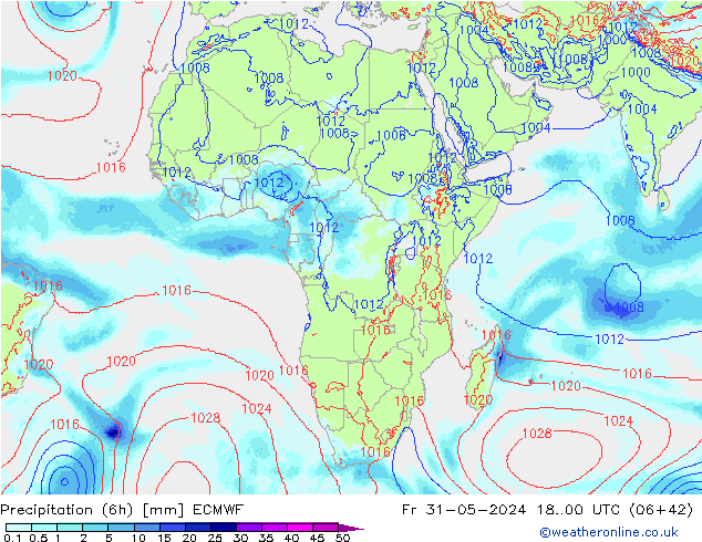 Totale neerslag (6h) ECMWF vr 31.05.2024 00 UTC