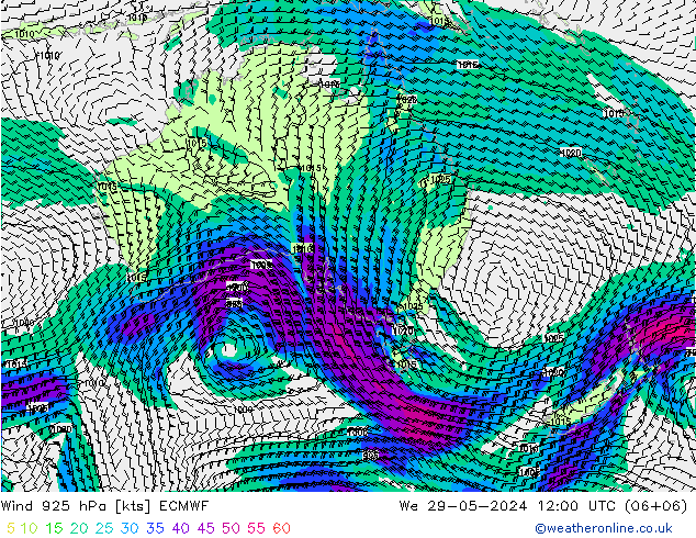 Viento 925 hPa ECMWF mié 29.05.2024 12 UTC