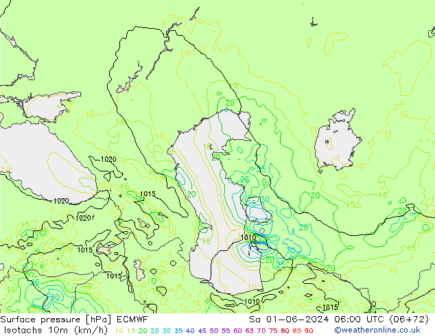 Isotachs (kph) ECMWF Sa 01.06.2024 06 UTC