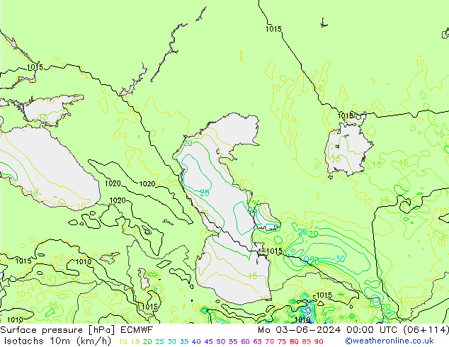 Isotachs (kph) ECMWF Mo 03.06.2024 00 UTC