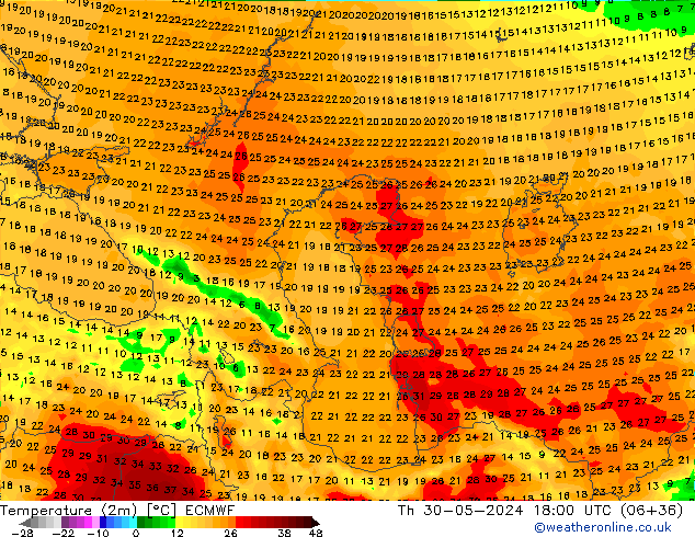 Temperatuurkaart (2m) ECMWF do 30.05.2024 18 UTC