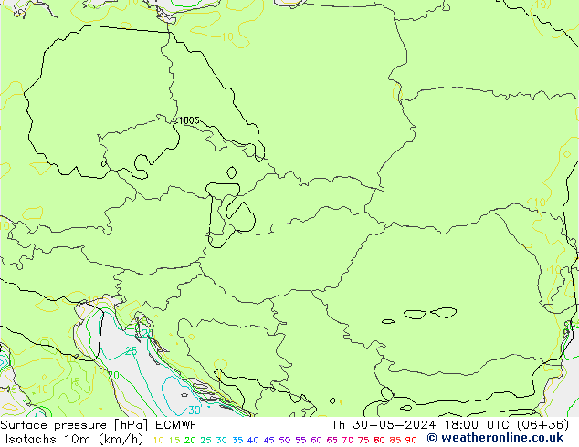 Isotachs (kph) ECMWF Th 30.05.2024 18 UTC