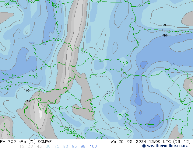 RH 700 hPa ECMWF śro. 29.05.2024 18 UTC