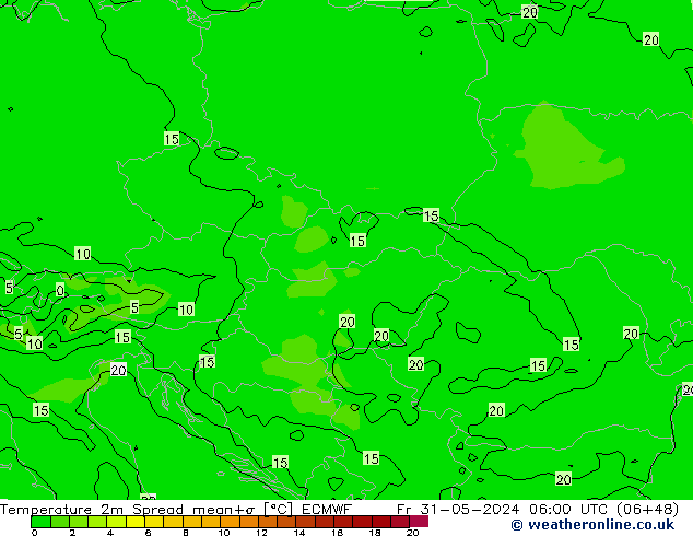 mapa temperatury 2m Spread ECMWF pt. 31.05.2024 06 UTC