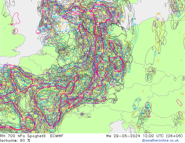 RH 700 hPa Spaghetti ECMWF Qua 29.05.2024 12 UTC