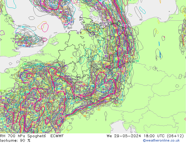 Humedad rel. 700hPa Spaghetti ECMWF mié 29.05.2024 18 UTC