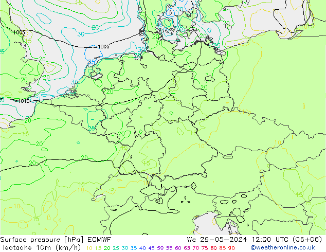 Isotachs (kph) ECMWF  29.05.2024 12 UTC