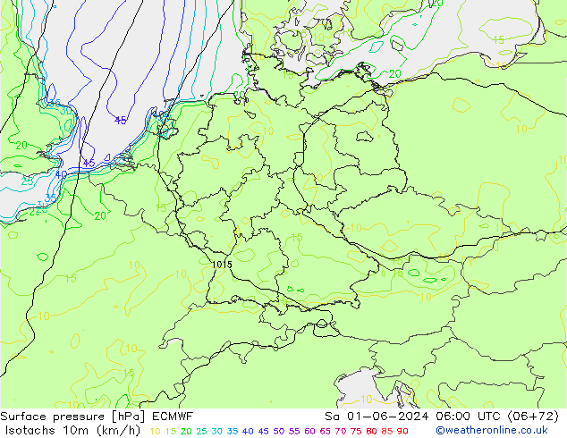 Isotachs (kph) ECMWF Sa 01.06.2024 06 UTC