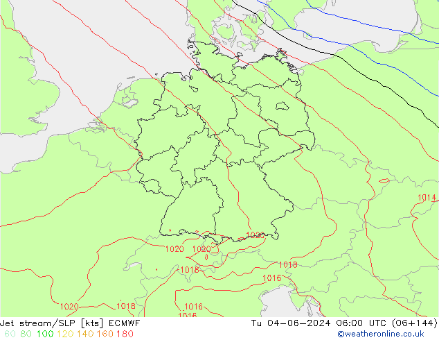 Jet stream/SLP ECMWF Tu 04.06.2024 06 UTC