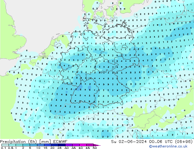 Totale neerslag (6h) ECMWF zo 02.06.2024 06 UTC