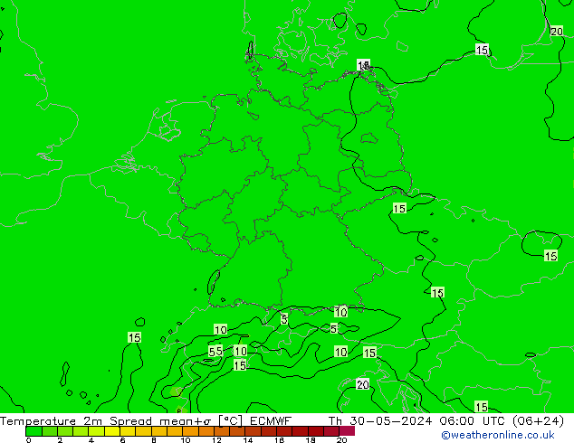 Temperatura 2m Spread ECMWF Qui 30.05.2024 06 UTC