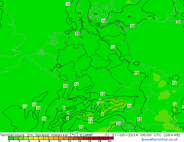 Temperature 2m Spread ECMWF Fr 31.05.2024 06 UTC