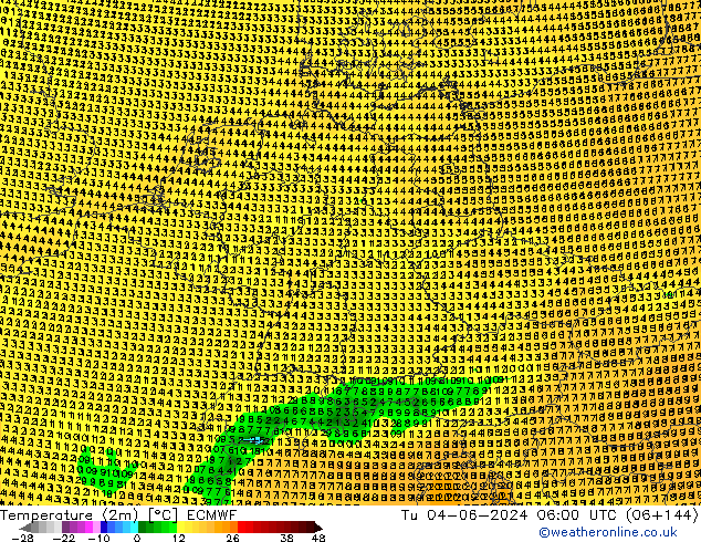 Temperature (2m) ECMWF Tu 04.06.2024 06 UTC