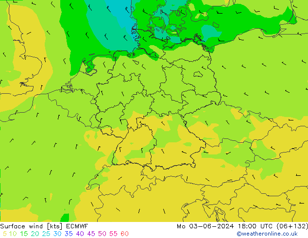 wiatr 10 m ECMWF pon. 03.06.2024 18 UTC