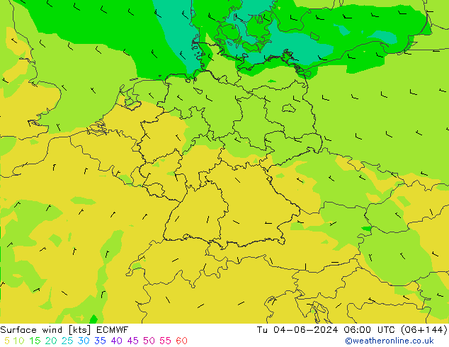 wiatr 10 m ECMWF wto. 04.06.2024 06 UTC