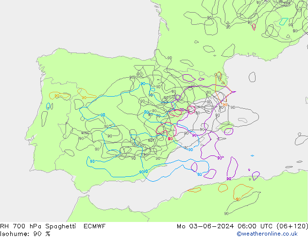 RH 700 hPa Spaghetti ECMWF Seg 03.06.2024 06 UTC