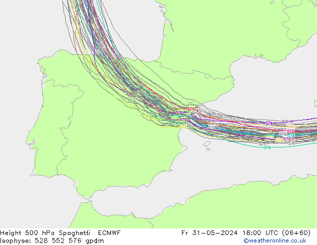 Height 500 hPa Spaghetti ECMWF Fr 31.05.2024 18 UTC