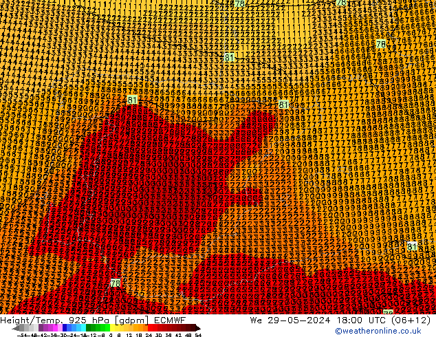 Geop./Temp. 925 hPa ECMWF mié 29.05.2024 18 UTC